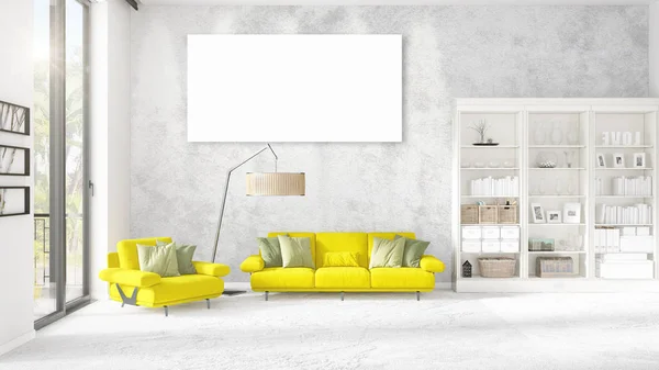 Modernes Interieur im Trend mit gelber Couch, vertikalem Leerrahmen und Kopierraum in horizontaler Anordnung. 3D-Darstellung. — Stockfoto