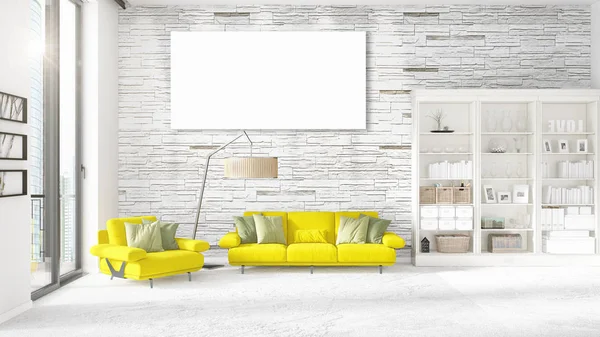 Nowoczesne wnętrze w modzie z żółtym kanapie, pionowy pusty rama i lato w poziomy układ. renderowania 3D. — Zdjęcie stockowe