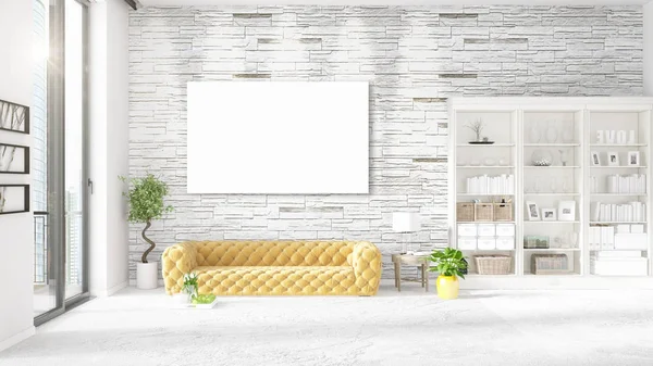 Сучасний інтер'єр в моді з жовтим диваном, вертикальною порожньою рамкою і копійкою в горизонтальному розташуванні. 3D візуалізація . — стокове фото