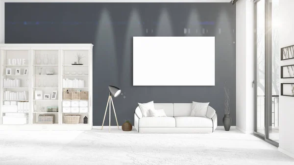 Панорамний вид в інтер'єрі з білим шкіряним диваном, порожньою рамкою і копійкою в горизонтальному розташуванні. 3D візуалізація . — стокове фото