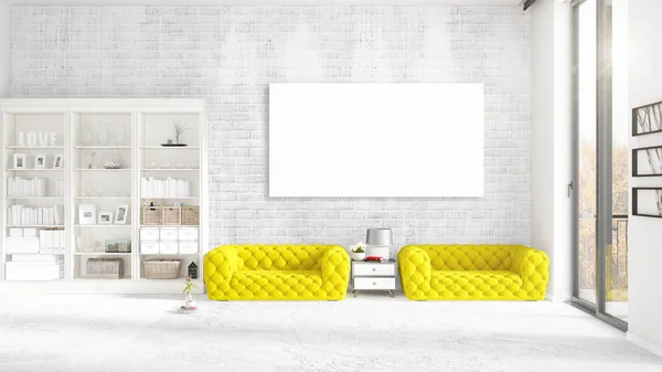 Modernes Interieur im Trend mit gelber Couch, vertikalem Leerrahmen und Kopierraum in horizontaler Anordnung. 3D-Darstellung. — Stockfoto