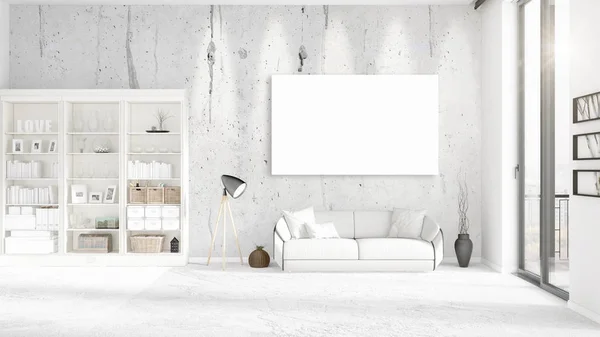 Pemandangan panorama di interior dengan sofa kulit putih, bingkai kosong dan ruang penyalinan dalam susunan horisontal. Perender 3D . — Stok Foto