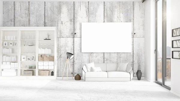 Panoramic view in interior with white leather couch, empty frame and copyspace in horizontal arrangement. 3D rendering. — Stock Photo, Image