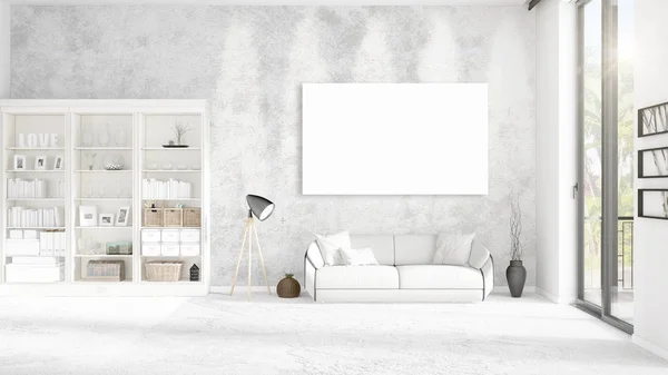 Vista panorâmica no interior com sofá de couro branco, moldura vazia e copyspace em arranjo horizontal. Renderização 3D . — Fotografia de Stock
