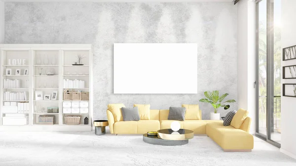 Інтер'єр з видом, розкішні жовті домашні меблі, порожня рамка і копійка в горизонтальному розташуванні. 3D візуалізація . — стокове фото