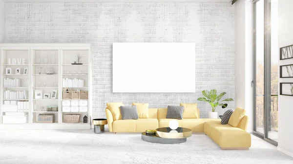 Interior con vista, muebles de lujo amarillos para el hogar, marco vacío y espacio de copia en disposición horizontal. Renderizado 3D . — Foto de Stock