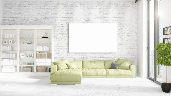 Loft interior com vista panorâmica, verde plush divã, moldura vazia e copyspace em arranjo horizontal. Renderização 3D . — Fotografia de Stock