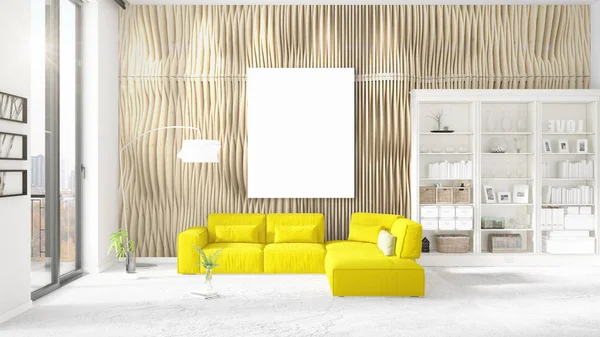 Сучасний інтер'єр в моді з жовтим диваном, вертикальною порожньою рамкою і копійкою в горизонтальному розташуванні. 3D візуалізація . — стокове фото