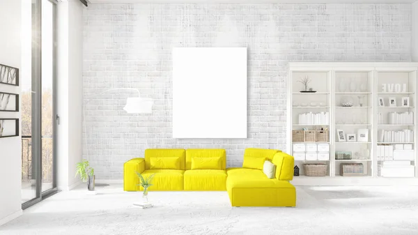 Modernes Interieur im Trend mit gelber Couch, vertikalem Leerrahmen und Kopierraum in horizontaler Anordnung. 3D-Darstellung. — Stockfoto