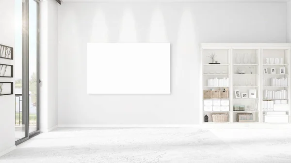 Moderno interior moderno de la habitación limpia vacía de moda con el marco vacío y el espacio de copia en disposición horizontal. Renderizado 3D . — Foto de Stock