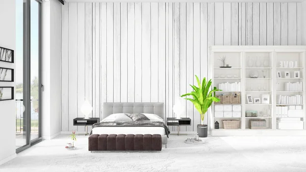 Szene mit brandneuem Interieur im Trend mit weißem Gestell und modernem Bett. 3D-Darstellung. horizontale Anordnung. — Stockfoto