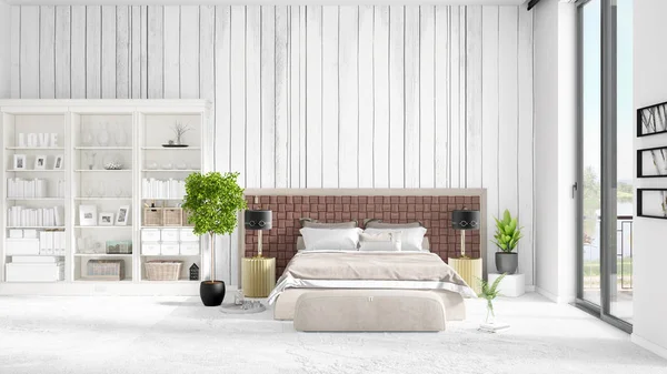 Szene mit brandneuem Interieur im Trend mit weißem Gestell und modernem Bett. 3D-Darstellung. horizontale Anordnung. — Stockfoto