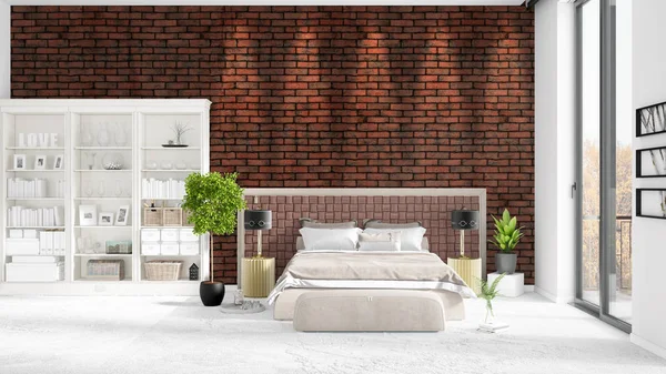 Szene mit brandneuem Interieur im Trend mit weißem Gestell und modernem Bett. 3D-Darstellung. horizontale Anordnung. — Stockfoto