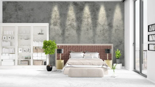 Scéna s zbrusu nový interiér v módě s bílými rack a moderní postel. 3D vykreslování. Horizontální uspořádání. — Stock fotografie