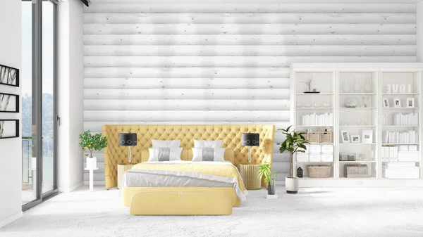 Scéna s zbrusu nový interiér v módě s bílými rack a moderní postel. 3D vykreslování. Horizontální uspořádání. — Stock fotografie