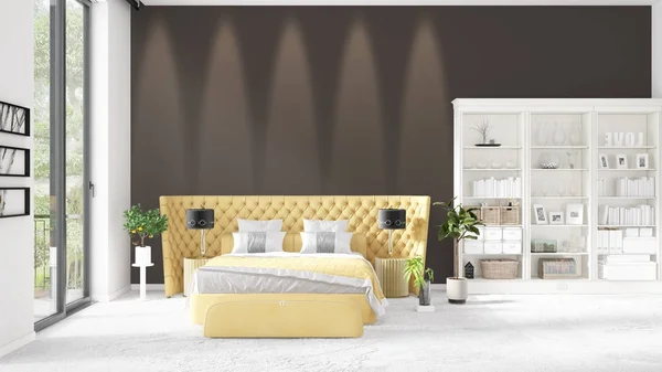 Szene mit brandneuem Interieur im Trend mit weißem Gestell und modernem Bett. 3D-Darstellung. horizontale Anordnung. — Stockfoto