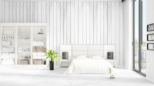 Modaya uygun ve modern yatak beyaz raf ile yeni iç ile sahne. 3D render. Yatay düzenleme. — Stok fotoğraf