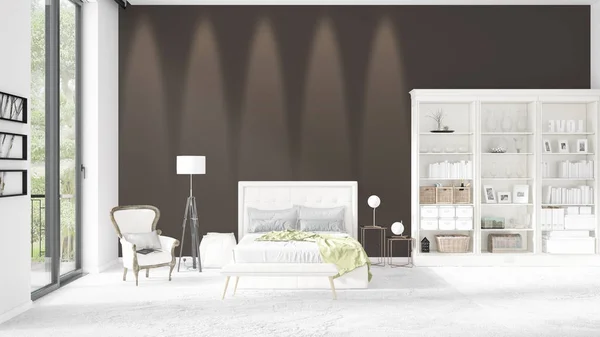 Scena z zupełnie nowe wnętrze w modzie z biały stojak i nowoczesne łóżko. renderowania 3D. Poziomy układ. — Zdjęcie stockowe