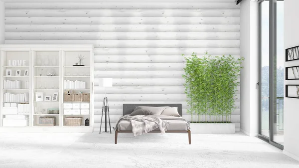 stock image Scene with brand new interior in vogue with white rack and modern bed. 3D rendering. Horizontal arrangement.