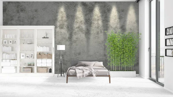Escena con nuevo interior en boga con estante blanco y cama moderna. Representación 3D. Disposición horizontal . —  Fotos de Stock