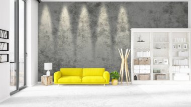 Modaya uygun beyaz raf ve sarı kanepe ile yeni iç ile sahne. 3D render. Yatay düzenleme.