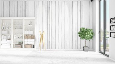 Modern iç raf ve boşaltmak yatay düzenleme ile modaya uygun. 3D render.