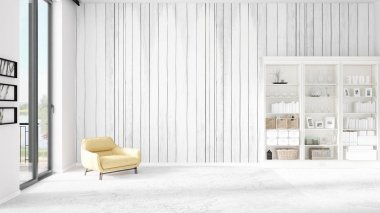 Modaya uygun ve modern sarı sandalye beyaz raf ile yeni iç ile sahne. 3D render. Yatay düzenleme.