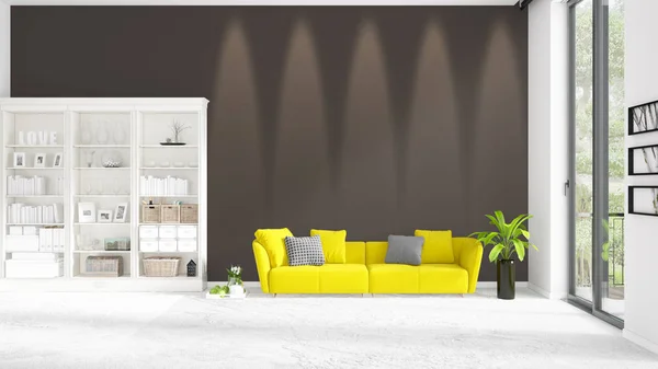 Escena con nuevo interior en boga con cremallera blanca y sofá amarillo. Representación 3D. Disposición horizontal . — Foto de Stock
