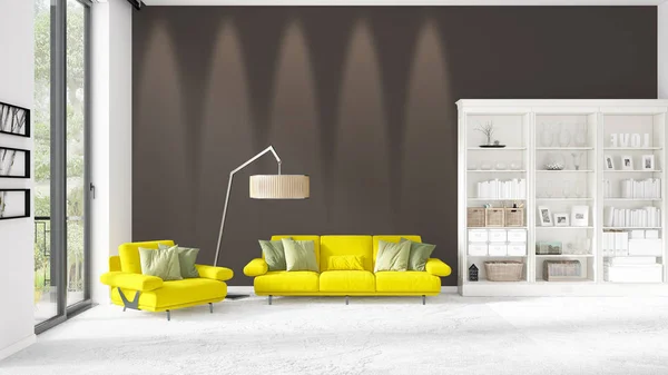 Szene mit brandneuem Interieur im Trend mit weißem Regal und gelbem Sofa. 3D-Darstellung. horizontale Anordnung. — Stockfoto