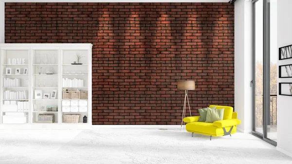 Σκηνή με ολοκαίνουργιο εσωτερικό στη μόδα με λευκό ράφι και σύγχρονη κίτρινη καρέκλα. 3D rendering. Οριζόντια διάταξη. — Φωτογραφία Αρχείου