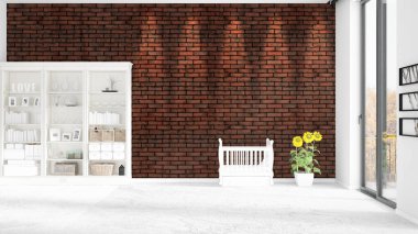 Modaya uygun beyaz raf ve bebek yatağı ile yeni iç ile sahne. 3D render. Yatay düzenleme.