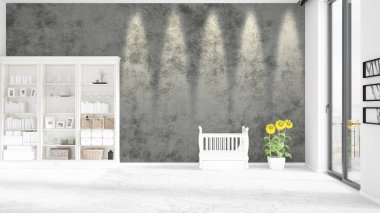 Modaya uygun beyaz raf ve bebek yatağı ile yeni iç ile sahne. 3D render. Yatay düzenleme.