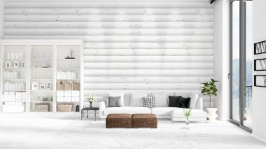 Modern çatı iç beyaz kanepe ve boşaltmak yatay düzenleme ile modaya uygun. 3D render.