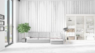 Modern iç beyaz kanepe ve boşaltmak yatay düzenleme ile modaya uygun. 3D render.