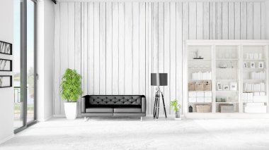 Modern iç moda siyah deri kanepe ve yatay düzenleme boşaltmak. 3D render.