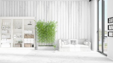 Modern iç beyaz kanepe ve boşaltmak yatay düzenleme ile modaya uygun. 3D render.