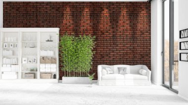 Modern iç beyaz kanepe ve boşaltmak yatay düzenleme ile modaya uygun. 3D render.