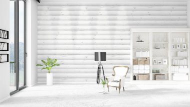 Modaya uygun ve modern yatak beyaz raf ile yeni iç ile sahne. 3D render. Yatay düzenleme.