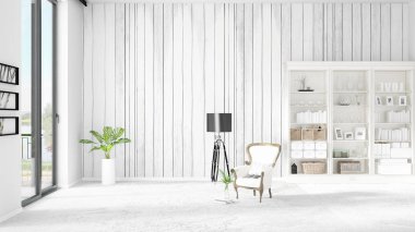 Modaya uygun ve modern yatak beyaz raf ile yeni iç ile sahne. 3D render. Yatay düzenleme.