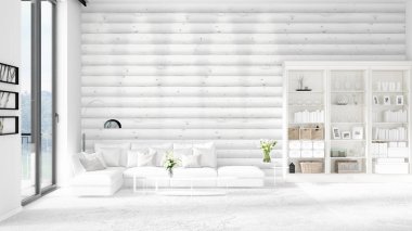 Modern çatı iç beyaz kanepe ve boşaltmak yatay düzenleme ile modaya uygun. 3D render.