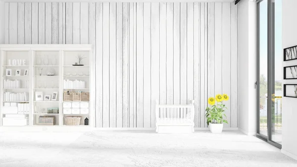 Tafereel met gloednieuwe interieur in zwang met wit rek en babybed. 3D-rendering. Horizontale regeling. — Stockfoto