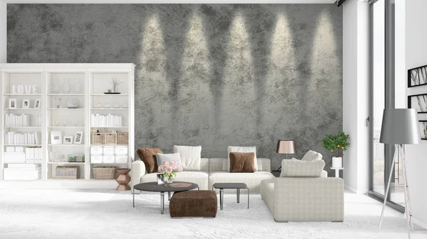 Escena con el nuevo interior en boga con estante blanco y sofá gris moderno. Representación 3D. Disposición horizontal . —  Fotos de Stock