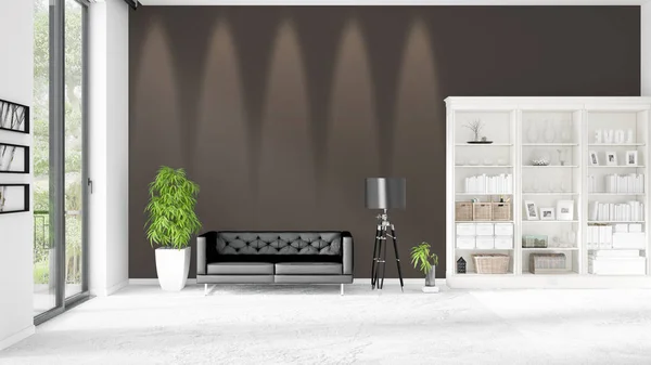 Modern interieur in zwang met zwart lederen bank en copyspace in horizontale regeling. 3D-rendering. — Stockfoto