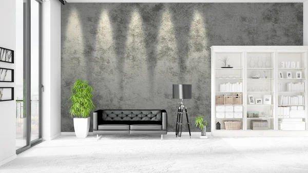 Interior moderno en boga con sofá de cuero negro y copyspace en disposición horizontal. Renderizado 3D . —  Fotos de Stock