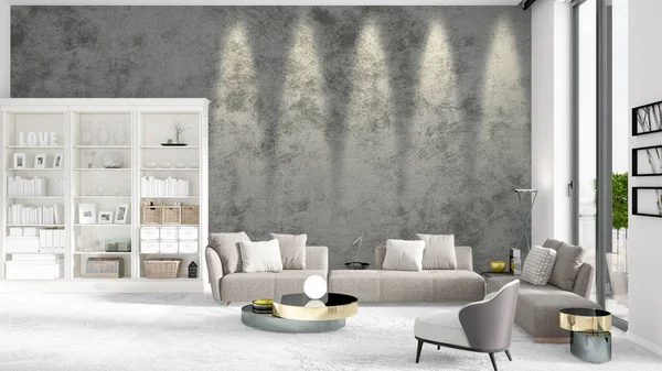 Scene with brand new interior in vogue with white rack and modern grey sofa. 3D rendering. Horizontal arrangement. — Stock Photo, Image