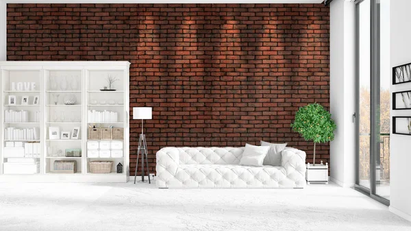 Modernes Loft-Interieur im Trend mit weißer Couch und Kopierraum in horizontaler Anordnung. 3D-Darstellung. — Stockfoto
