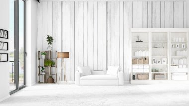 Modern çatı iç beyaz kanepe ve boşaltmak yatay düzenleme ile modaya uygun. 3D render.