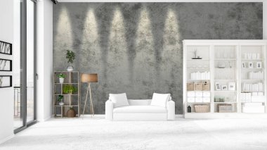 Modern çatı iç beyaz kanepe ve boşaltmak yatay düzenleme ile modaya uygun. 3D render.