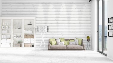 Modaya uygun ve modern gri kanepe beyaz raf ile yeni iç ile sahne. 3D render. Yatay düzenleme.