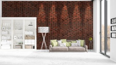 Modaya uygun ve modern gri kanepe beyaz raf ile yeni iç ile sahne. 3D render. Yatay düzenleme.